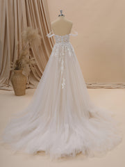 A-line Tulle Off-the-Shoulder Appliques Lace Chapel Train Wedding Dress