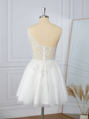 A-line Tulle One-Shoulder Appliques Lace Short/Mini Dress