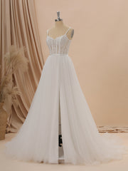 A-line Tulle Spaghetti Straps Appliques Lace Chapel Train Corset Wedding Dress
