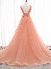 A-line Tulle Straps Low Back Long Wedding Party Dress Outfits For Girls, Pink Tulle Long Prom Dress