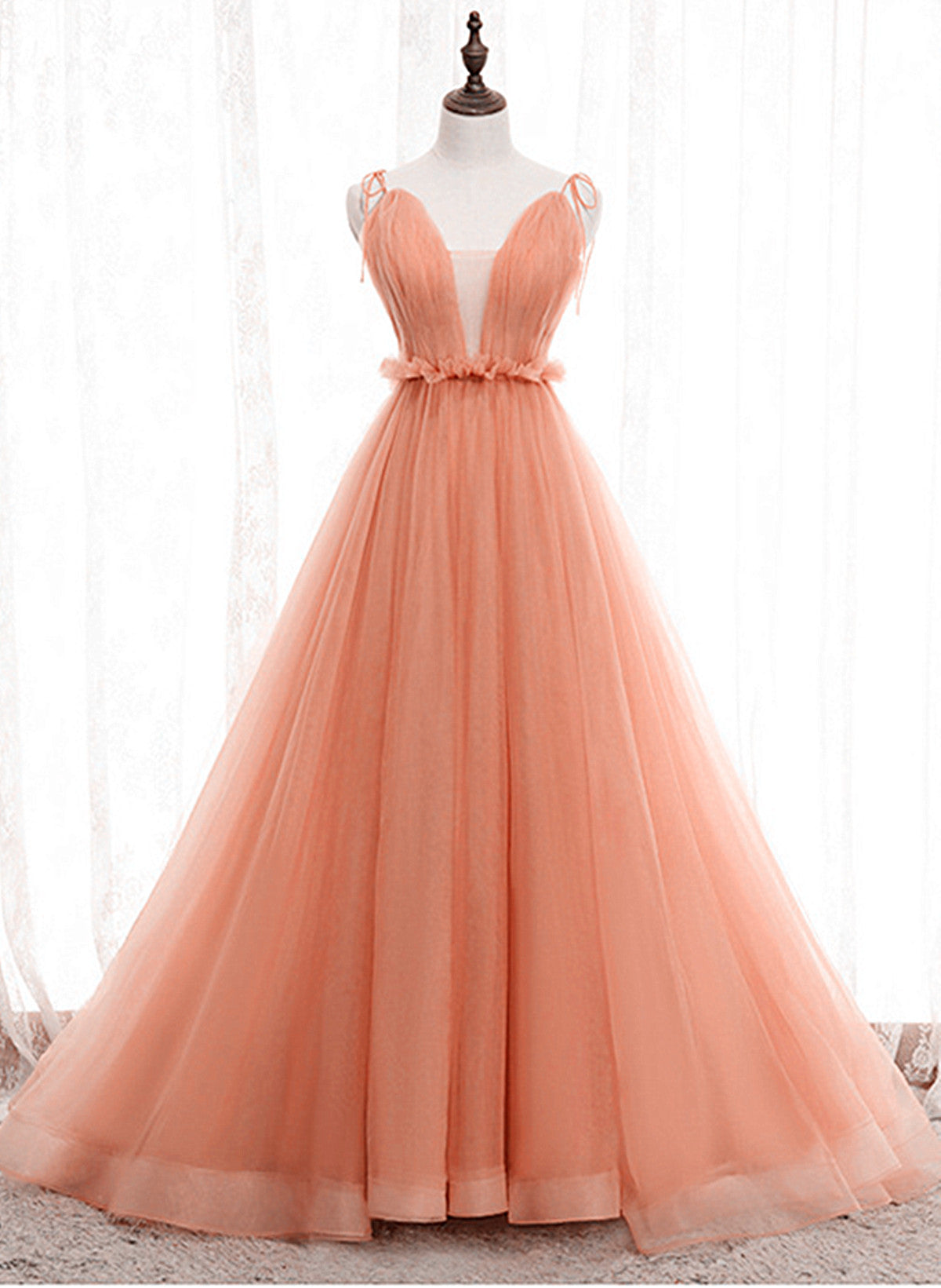 A-line Tulle Straps Low Back Long Wedding Party Dress Outfits For Girls, Pink Tulle Long Prom Dress