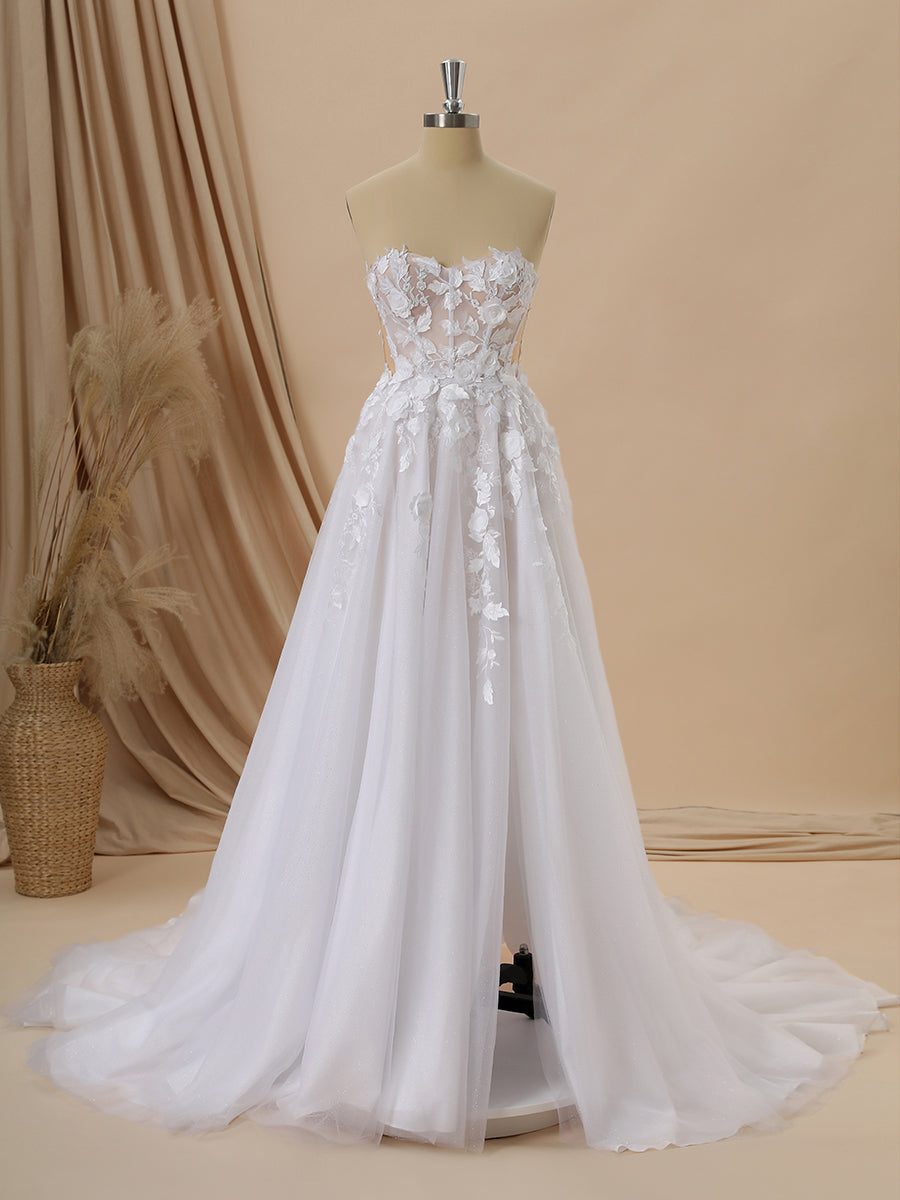 A-line Tulle Sweetheart Appliques Lace Cathedral Train Corset Wedding Dress