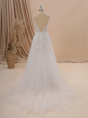A-line Tulle V-neck Appliques Lace Chapel Train Wedding Dress