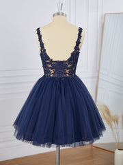 A-line Tulle V-neck Appliques Lace Short/Mini Dress
