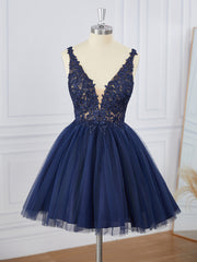 A-line Tulle V-neck Appliques Lace Short/Mini Dress
