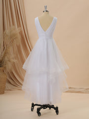 A-line Tulle V-neck Pleated Asymmetrical Wedding Dress