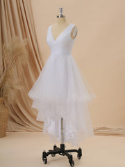 A-line Tulle V-neck Pleated Asymmetrical Wedding Dress