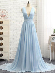 A Line V Neck and V Back Sky Blue Chiffon Long Prom Dresses, V Neck Blue Formal Dresses, Blue Evening Dresses