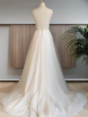 A-line V-neck Applique Sweep Train Tulle Wedding Dress