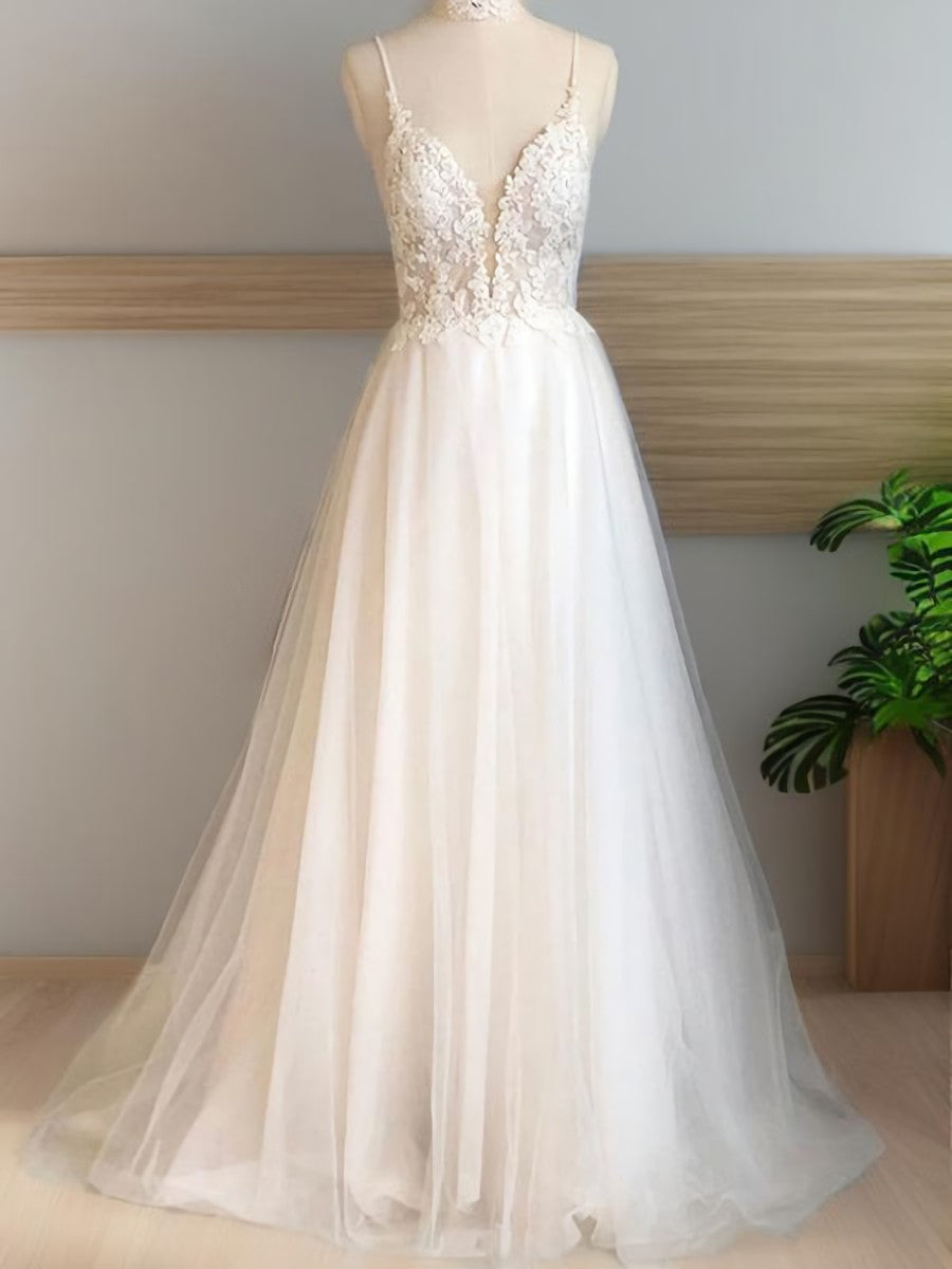 A-line V-neck Applique Sweep Train Tulle Wedding Dress
