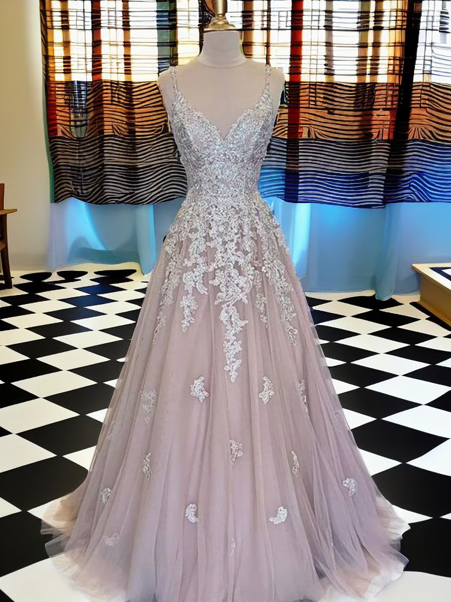 A-line V-neck Appliques Lace Floor-Length Tulle Dress