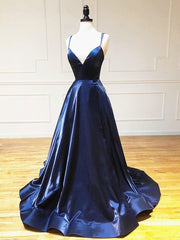 A Line V Neck Backless Dark Navy Blue Prom Dresses For Black girls For Women, Open Back Navy Blue Formal Evening Dresses