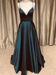 A Line V Neck Backless Long Prom Dresses Simple Dark Green Formal Evening Gowns