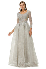 A-line V-neck Beading Floor-length Long Sleeve Open Back Lace Prom Dresses