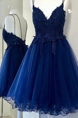 A Line V Neck Blue Short Prom Dresses For Black girls Backless Homecoming Dresses