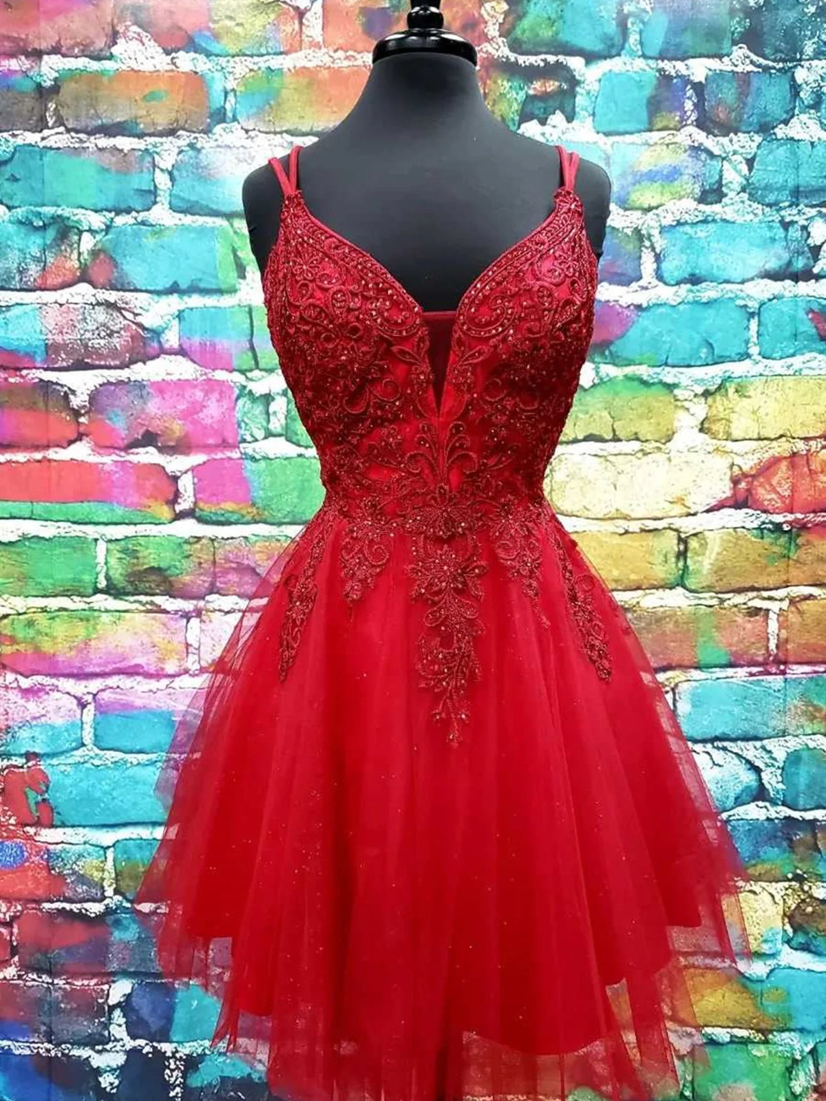 A Line V Neck Dark Red Lace Prom Dresses For Black girls For Women, Dark Red Lace Formal Homecoming Dresses