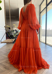 A Line V Neck Full Long Sleeve Long Floor Length Chiffon Prom Dress Outfits For Women With Pleated