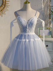 A Line V Neck Lace Blue Short Prom Dresses For Black girls For Women, Blue Puffy Homecoming Dresses