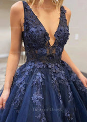 A Line V Neck Long Floor Length Lace Tulle Prom Dress Outfits For Women With Appliqued
