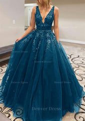 A Line V Neck Long Floor Length Lace Tulle Prom Dress Outfits For Women With Appliqued