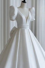 A-Line V-Neck Satin Wedding Dress Outfits For Girls, White Short Sleeve Bridal Gown with Bow