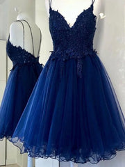 A Line V Neck Short Blue Prom Dresses For Black girls For Women, Short Blue Lace Graduation Homecoming Dresses