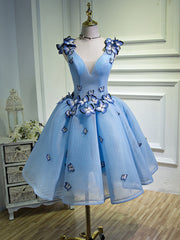 A Line V Neck Short Blue Prom Dresses For Black girls with Butterfly, Short Blue Formal Homecoming Dresses