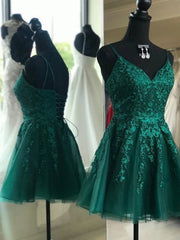A Line V Neck Short Dark Green Lace Prom Dresses For Black girls For Women, Dark Green Lace Formal Homecoming Dresses