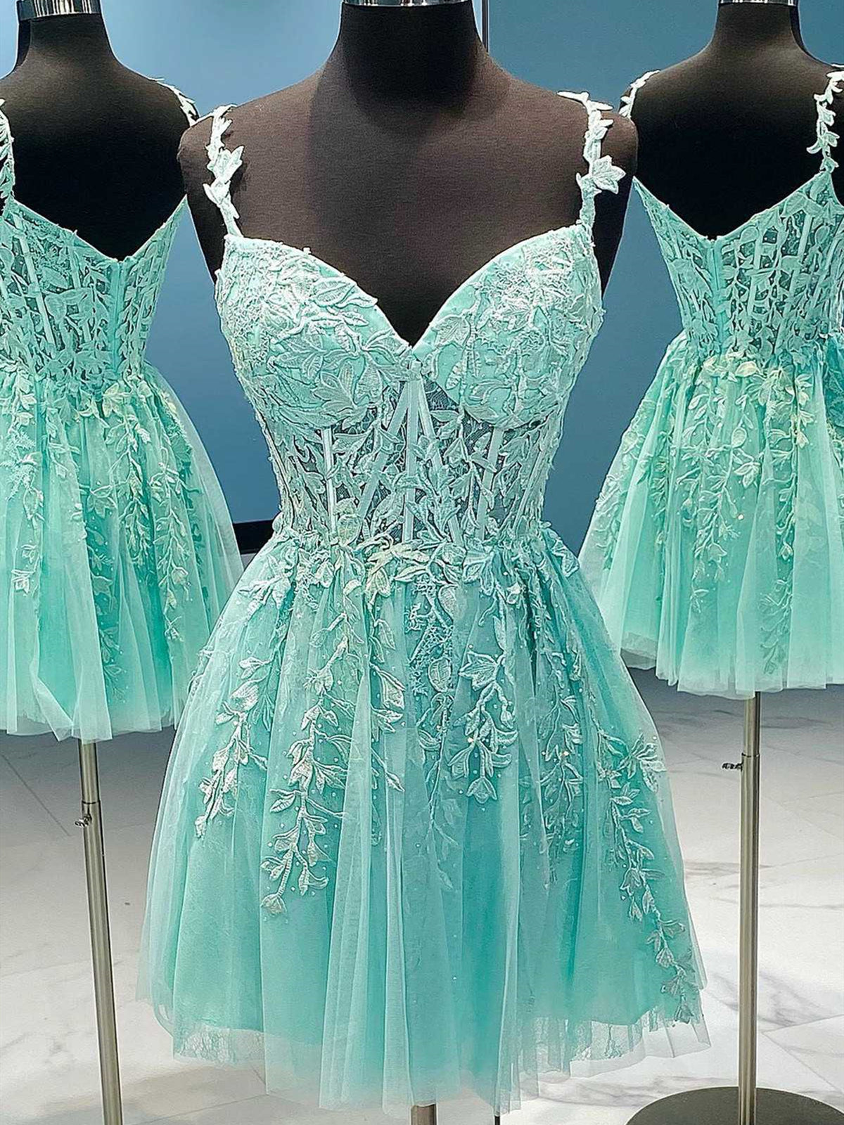 A Line V Neck Short Green Lace Prom Dresses For Black girls For Women, Short Green Lace Formal Homecoming Dresses