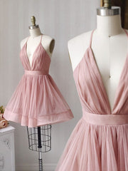 A Line V Neck Short Pink Prom Dresses For Black girls For Women, Short Pink V Neck Graduation Homecoming Dresses