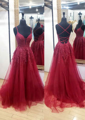 A Line V Neck Sleeveless Chapel Train Tulle Prom Dress Outfits For Women With Appliqued Lace