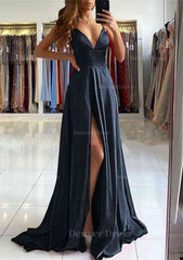A Line V Neck Sleeveless Charmeuse Sweep Train Prom Dress Outfits For Women With Split