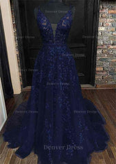 A Line V Neck Sleeveless Lace Court Train Prom Dress Outfits For Women With Pleated