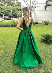 A Line V Neck Sleeveless Long Floor Length Satin Prom Dress Outfits For Women With Pleated