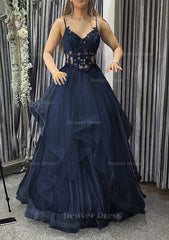 A Line V Neck Sleeveless Long Floor Length Tulle Charmeuse Prom Dress Outfits For Women With Appliqued Lace