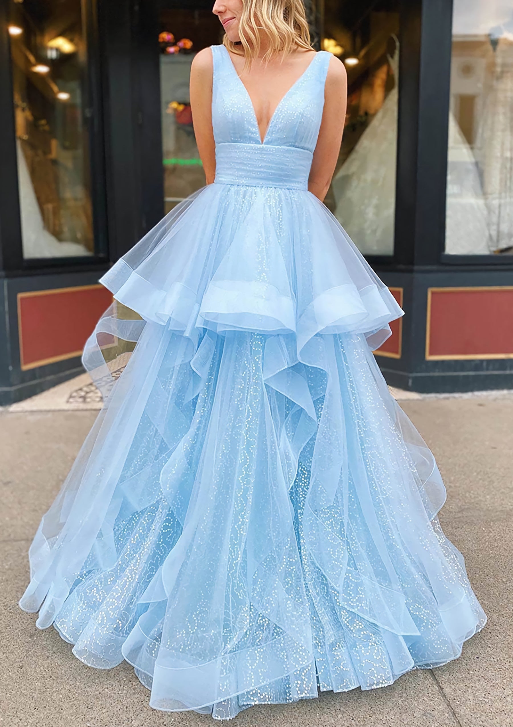 A Line V Neck Sleeveless Long Floor Length Tulle Glitter Prom Dress Outfits For Women With Pleated