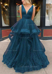 A Line V Neck Sleeveless Long Floor Length Tulle Glitter Prom Dress Outfits For Women With Pleated
