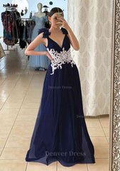 A Line V Neck Sleeveless Long Floor Length Tulle Prom Dress Outfits For Women With Appliqued Beading Flowers