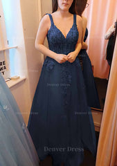 A Line V Neck Sleeveless Long Floor Length Tulle Prom Dress Outfits For Women With Appliqued Lace