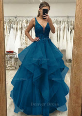 A Line V Neck Sleeveless Long Floor Length Tulle Satin Prom Dress Outfits For Women With Lace Appliqued