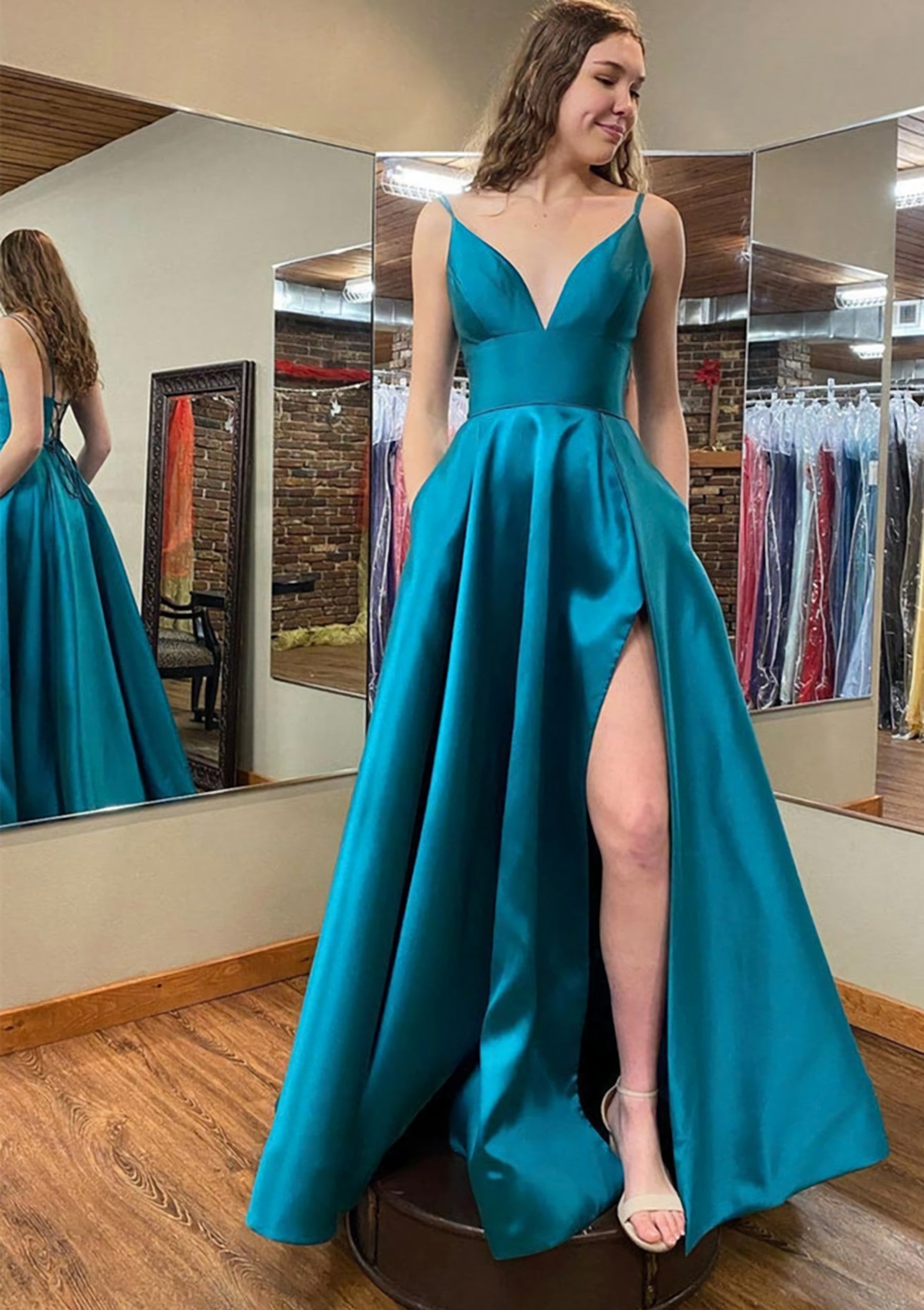 A Line V Neck Sleeveless Satin Long Floor Length Prom Dress Outfits For Women With Pockets Split