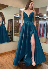 A Line V Neck Sleeveless Satin Long Floor Length Prom Dress Outfits For Women With Pockets Split