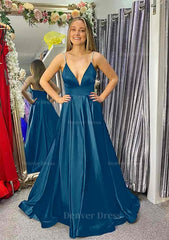 A Line V Neck Sleeveless Satin Sweep Train Prom Dress Outfits For Women With Beading