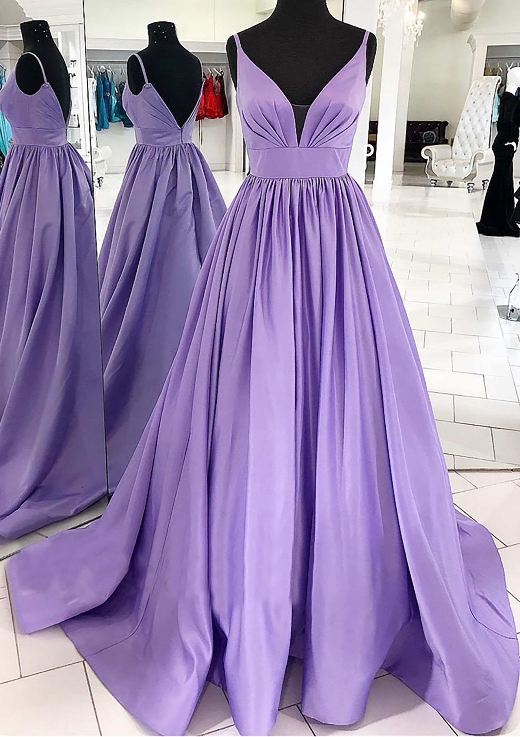 A Line V Neck Sleeveless Satin Sweep Train Prom Dress Outfits For Women With Pleated