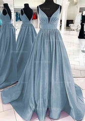 A Line V Neck Sleeveless Satin Sweep Train Prom Dress Outfits For Women With Pleated