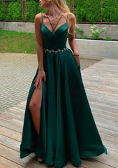 A Line V Neck Sleeveless Satin Sweep Train Prom Dress Outfits For Women With Pockets Waistband Split