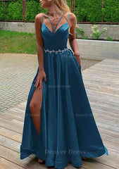 A Line V Neck Sleeveless Satin Sweep Train Prom Dress Outfits For Women With Pockets Waistband Split