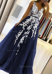 A Line V Neck Sleeveless Sweep Train Tulle Prom Dress Outfits For Women With Beading Lace