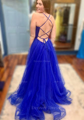 A Line V Neck Spaghetti Straps Court Train Tulle Prom Dress Outfits For Women With Split