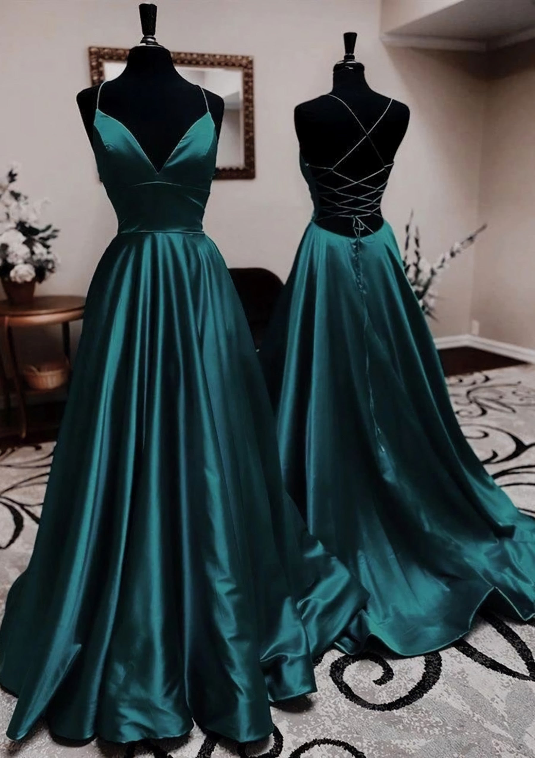 A Line V Neck Spaghetti Straps Long Floor Length Charmeuse Prom Dress Outfits For Women With Pleated